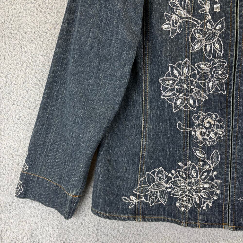 Chicos Silver Denim Jacket Medium Boho Artsy Embroidery Maximal Embellish Floral - Picture 3 of 11